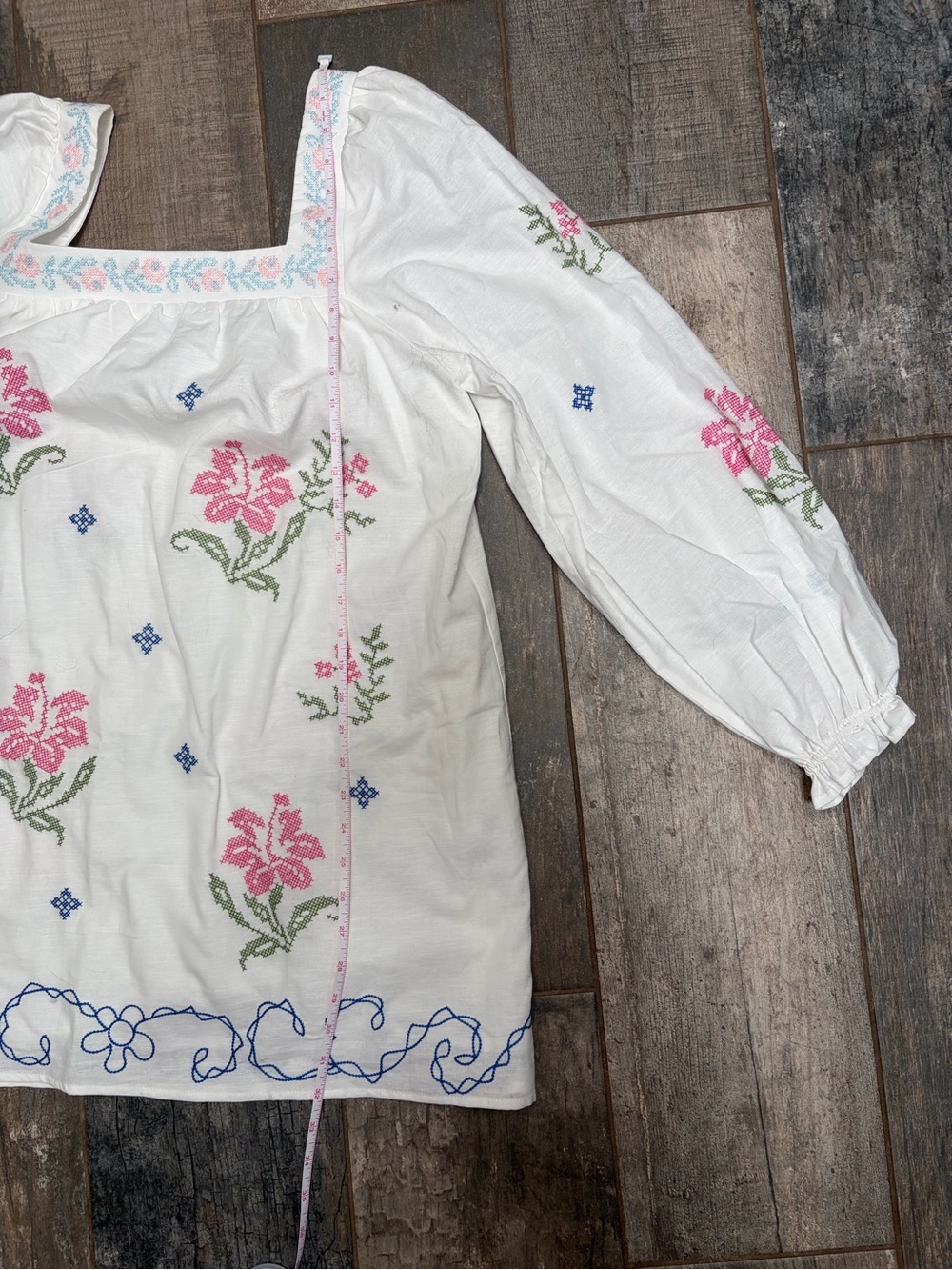 Embroidered Floral White Peasant Tunic Dress - White, Blue, Pink & Green - Picture 7 of 8